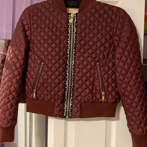 Red Quilted Embellished Bomber Jacket